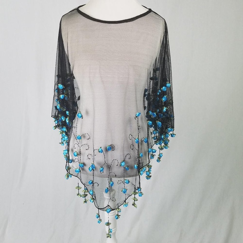 It's Raining Roses Fringe Beaded Sheer Poncho